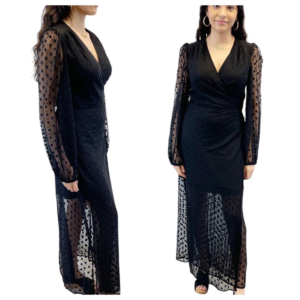 NEW Yumi Kim‎ Womens M Wicked Game Wrap Dress Black Swiss Dot Maxi Sheer Witchy